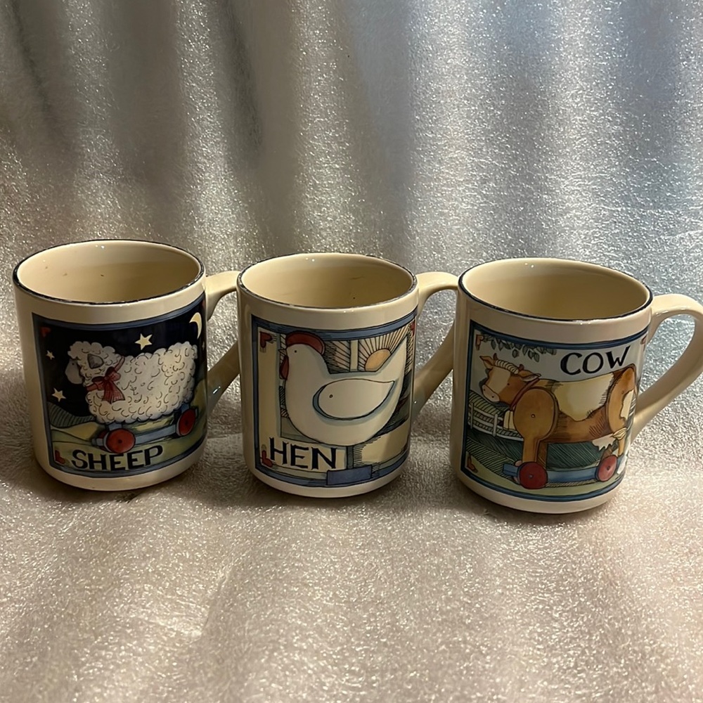 SOLD Susan Winget coffee mugs  set of 3. Cow. Sheep and Hen. Cute setSOLD